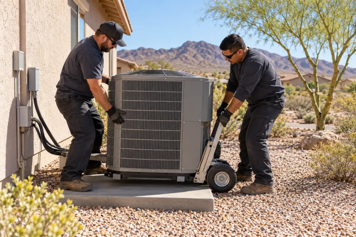 Two workers use a hand truck to set an outdoor air conditioner condenser on a concrete pad beside a stucco desert home