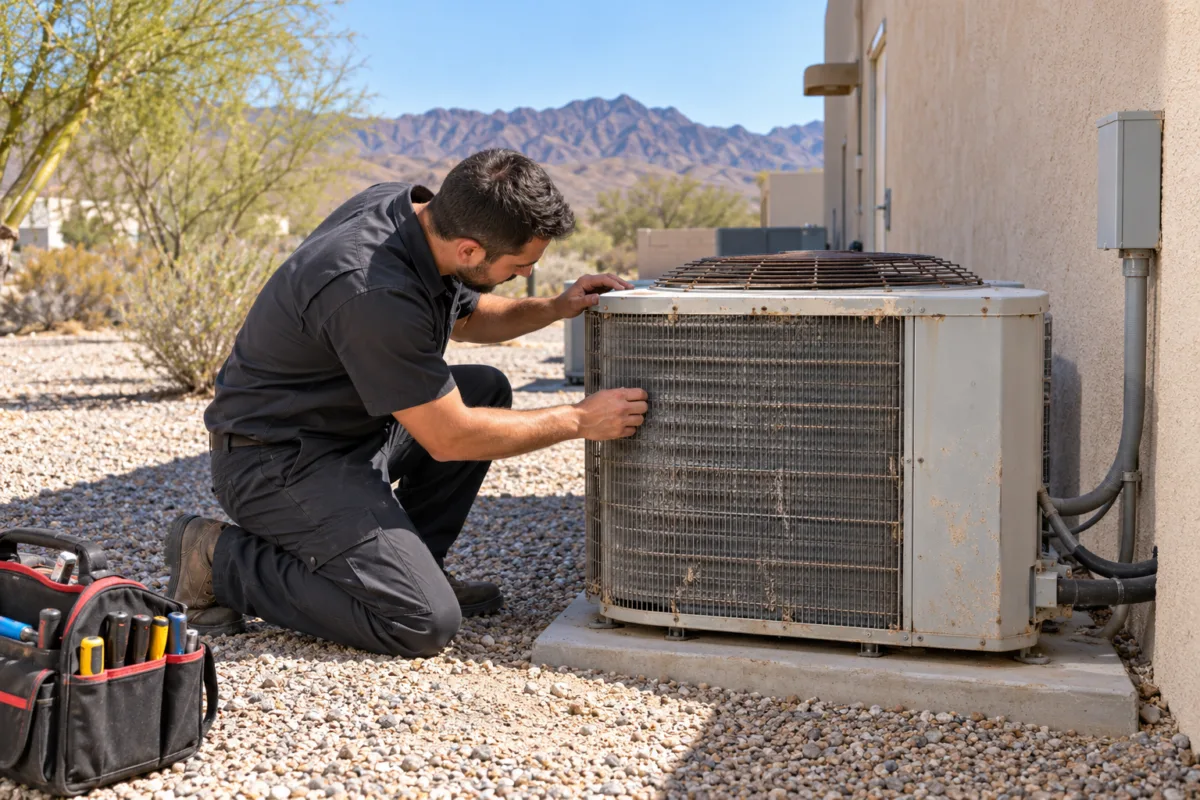 Technician kneels beside an old, rusty outdoor air conditioner condenser and checks its dusty coil grille