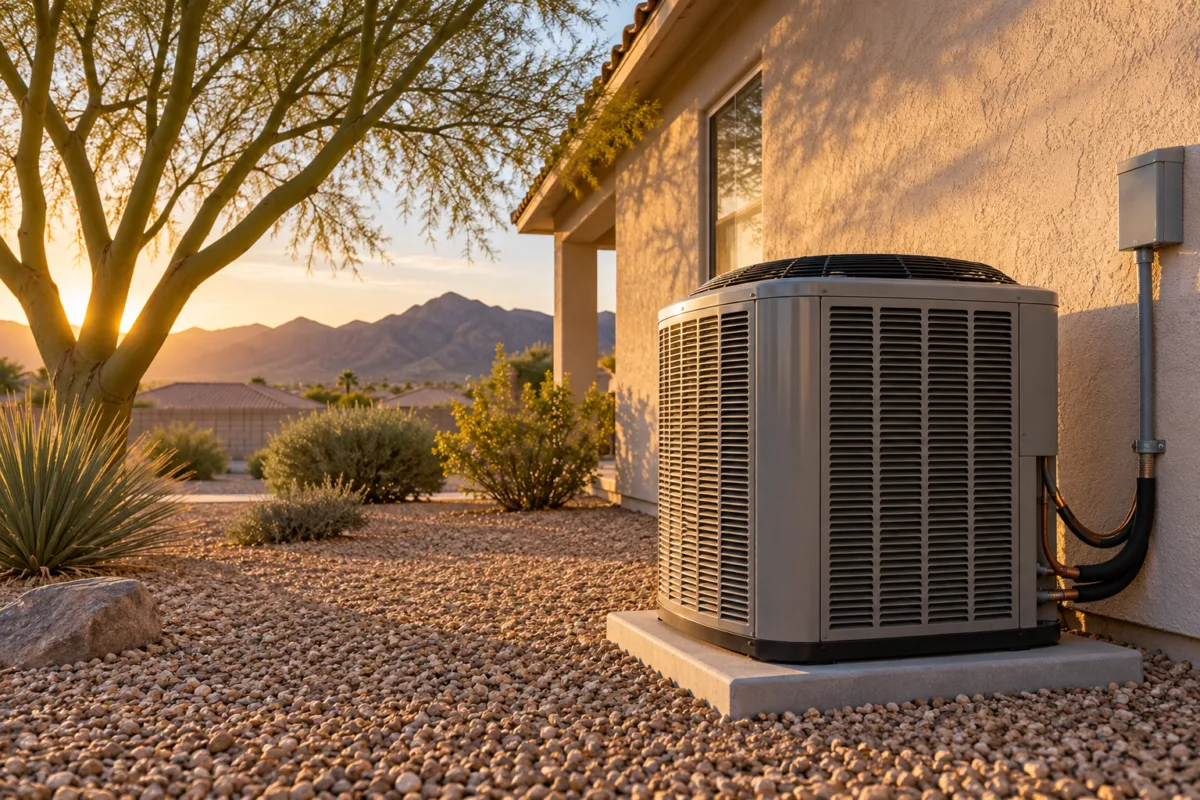 New outdoor air conditioner condenser on a concrete pad beside a stucco home at sunset, with a palo verde tree