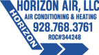 Logo for Horizon Air, LLC featuring air conditioning and heating services, AC installation, phone number 928-768-3761, and ROC#344248, with blue arrows and text.